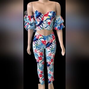 Tropical Floral Two-Piece Crop Top & High-Waist Pants